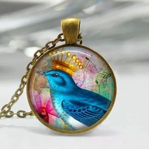 Bird With Crown Glass & Bronze Necklace
